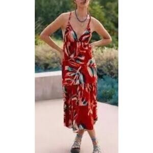 Anthropologie Danika Tiered Midi Dress Womens S Backless Tropical Red Blue
